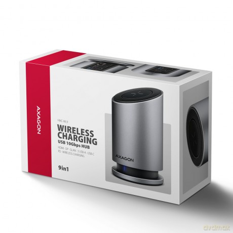 HMC-WL9 Wieloportowy hub USB 9in1, 10Gbps, 3xUSB-A, 1xUSB-C, DP 8K/60Hz, HDMI 4K/60Hz, PD 100W, GLAN, 100cm USB-C kabel, wireless charging 15W
