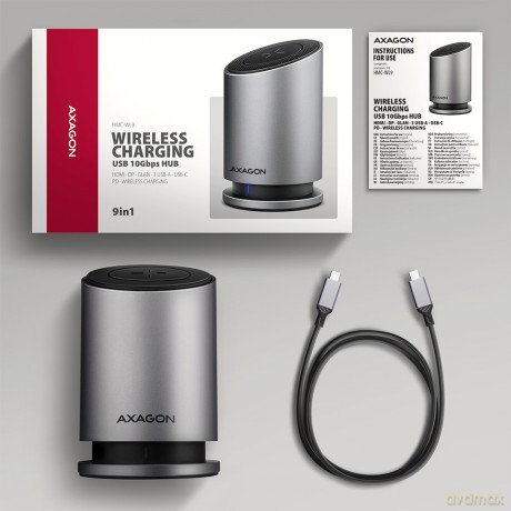 HMC-WL9 Wieloportowy hub USB 9in1, 10Gbps, 3xUSB-A, 1xUSB-C, DP 8K/60Hz, HDMI 4K/60Hz, PD 100W, GLAN, 100cm USB-C kabel, wireless charging 15W