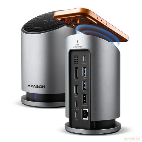 HMC-WL9 Wieloportowy hub USB 9in1, 10Gbps, 3xUSB-A, 1xUSB-C, DP 8K/60Hz, HDMI 4K/60Hz, PD 100W, GLAN, 100cm USB-C kabel, wireless charging 15W