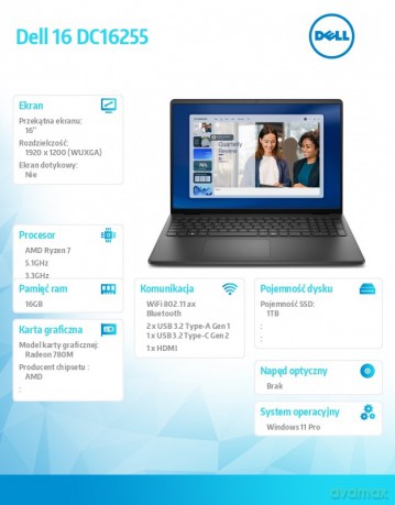 Laptop Dell 16 DC16255 W11P Ryzen 7 250|16GB|1TB|AMD Radeon|FgrPr|WLAN+BT|16.0 FHD+|Backlit Kb|3C|65W|3YPS Carbon Black (Plastic)