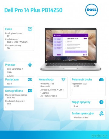 Laptop Dell Pro 14 Plus PB14250 W11P U7-266V/16GB/512GB TLC CL35/FgrPr&SmtCd/IRCam&Mic/WWANready+BT|14.0 FHD+/BcklKb/3C/vPro/3YPS