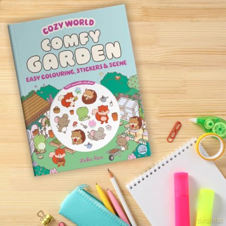 Cozy World Comfy Garden: Easy Colouring and Sticker Scene for Teens, Young Adults and Adults - Kiku Ren [KSIĄŻKA]