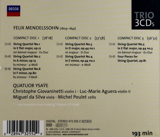 Ysaye Quartet(Wycof): Mendelssohn Cpl.String Quartets [3CD]