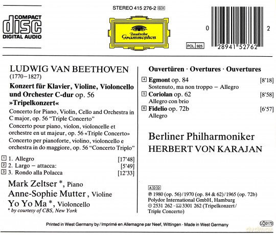 Zeltser Bp Karajan: Beethoven: Triple Cto [CD]