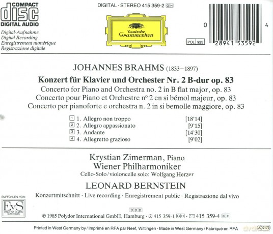 Zimerman: Brahms - Piano Concerto No 2 [CD]