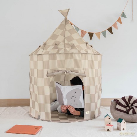 3 Sprouts - Play Tent - Checkerboard Beige - Height: 135 cm, Diameter: 100 cm