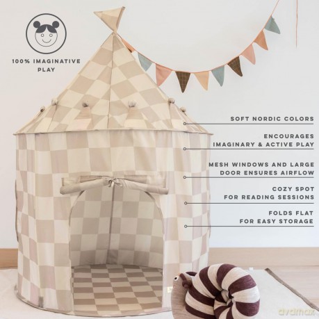 3 Sprouts - Play Tent - Checkerboard Beige - Height: 135 cm, Diameter: 100 cm