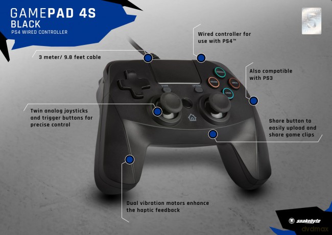 Snakebyte PS4 Game:Pad 4 S Wired (Black)