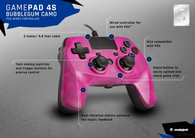 Snakebyte PS4 Game:Pad 4 S Wired (Bubblegum camo)