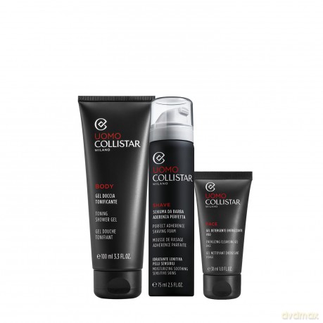 Collistar Set (Collistar Uomo Perfect Adherence Shaving Foam For Sensitive Skin 75 Ml Toning Shower Gel 100 Ml Energizing Cleansing Gel 30 Ml)