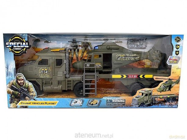 Auto wojskowe z lawetą i śmigłowcem