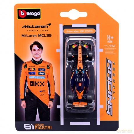 Bburago Model 1:64 BOLID F1 McLaren MCL39 Piastri GP Australii 2025 18-58001