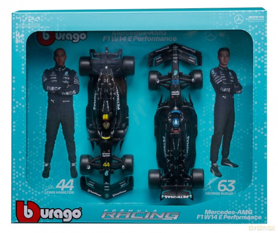 Bburago Model 1:24 Mercedes AMG W14 Hamilton Russell zestaw bolidów F1 18-28062