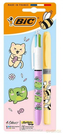 Długopis 4 Colors Kawaii mix+zakreślacz żółty