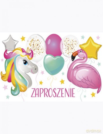 Zaproszenie Z 160x95 zest. 62131 Dziecięce - Balony, Dziewczynka, Flamingi, Grafika, Jednorożce, Urodziny