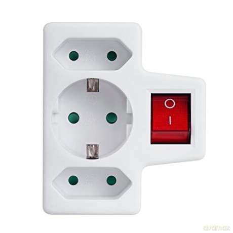 Gniazdko 1x16A 2x2.5A Schuko MCE215 z włącznikiem/wyłącznikiem, maks obciążenie 3680W, 2x wtyczka euro, 1x schuko