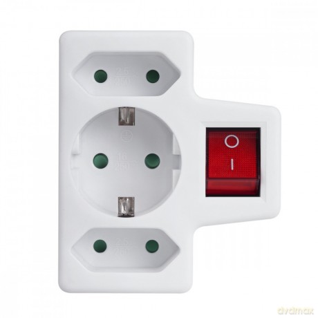 Gniazdko 1x16A 2x2.5A Schuko MCE215 z włącznikiem/wyłącznikiem, maks obciążenie 3680W, 2x wtyczka euro, 1x schuko