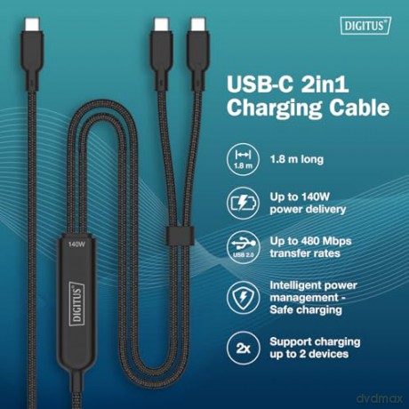 Kabel zasilający 2w1 USB-C - 2x USB-C, USB 2.0 140W PD 3.1, nylonowy, 1,8m czarny