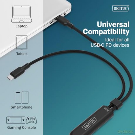 Kabel zasilający 2w1 USB-C - 2x USB-C, USB 2.0 140W PD 3.1, nylonowy, 1,8m czarny