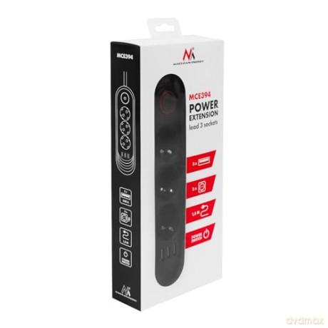 Listwa zasilająca MCE394 B, 1,5m|3 gniazda + 3xUSB. 110-240V AC 50/60Hz, 2.1A max 2500W, czarna