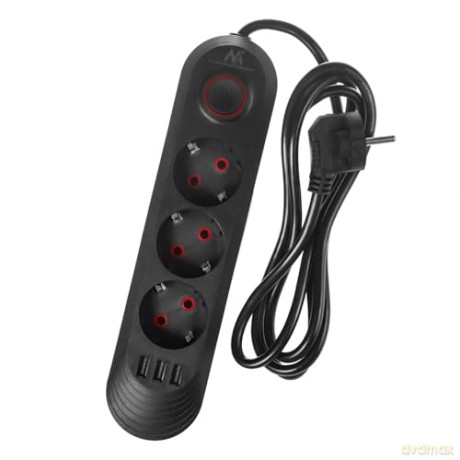Listwa zasilająca MCE394 B, 1,5m|3 gniazda + 3xUSB. 110-240V AC 50/60Hz, 2.1A max 2500W, czarna