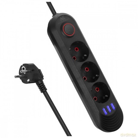 Listwa zasilająca MCE394 B, 1,5m|3 gniazda + 3xUSB. 110-240V AC 50/60Hz, 2.1A max 2500W, czarna
