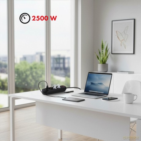Listwa zasilająca MCE394 B, 1,5m|3 gniazda + 3xUSB. 110-240V AC 50/60Hz, 2.1A max 2500W, czarna