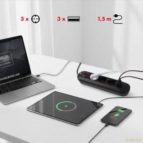 Listwa zasilająca MCE394 B, 1,5m|3 gniazda + 3xUSB. 110-240V AC 50/60Hz, 2.1A max 2500W, czarna