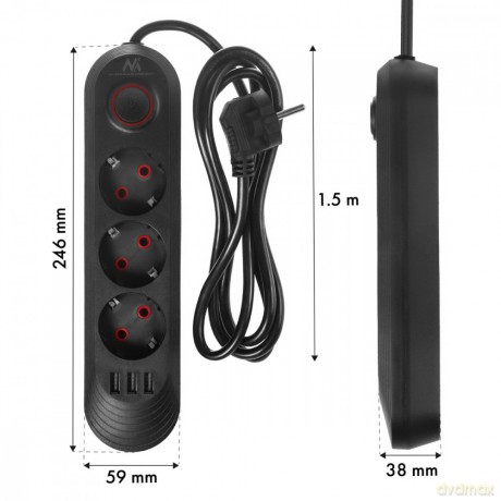 Listwa zasilająca MCE394 B, 1,5m|3 gniazda + 3xUSB. 110-240V AC 50/60Hz, 2.1A max 2500W, czarna