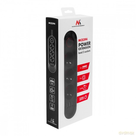 Listwa zasilająca MCE394 B, 1,5m|3 gniazda + 3xUSB. 110-240V AC 50/60Hz, 2.1A max 2500W, czarna