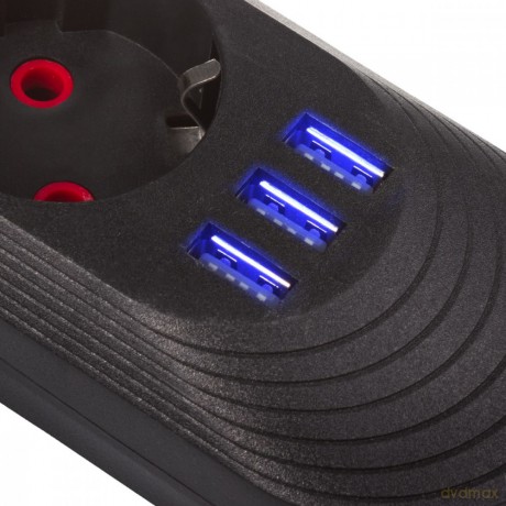 Listwa zasilająca MCE394 B, 1,5m|3 gniazda + 3xUSB. 110-240V AC 50/60Hz, 2.1A max 2500W, czarna