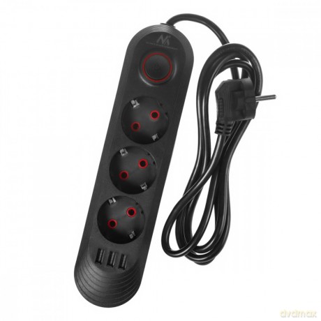 Listwa zasilająca MCE394 B, 1,5m|3 gniazda + 3xUSB. 110-240V AC 50/60Hz, 2.1A max 2500W, czarna
