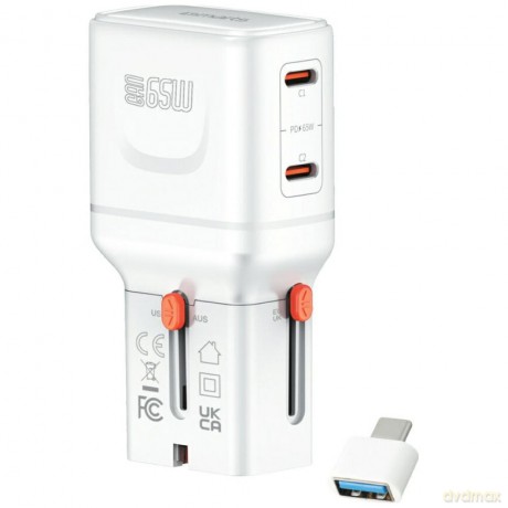Ładowarka podróżna World Travel 65W USB-C + USB-A Biała