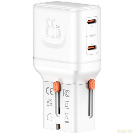 Ładowarka podróżna World Travel 65W USB-C + USB-A Biała