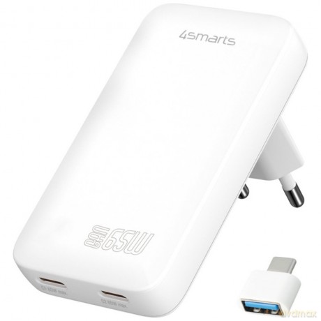 Ładowarka sieciowa FlatPlug 65W GaN Dual 2xUSB-C Biała
