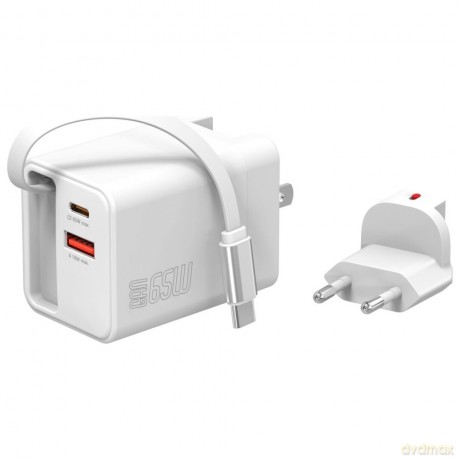 Ładowarka sieciowa Flex Jojo 65W GaN 2xUSB-C + USB-A Biała rozwijany wbudowany kabel
