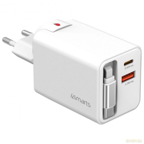 Ładowarka sieciowa Flex Jojo 65W GaN 2xUSB-C + USB-A Biała rozwijany wbudowany kabel
