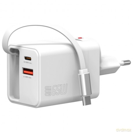 Ładowarka sieciowa Flex Jojo 65W GaN 2xUSB-C + USB-A Biała rozwijany wbudowany kabel