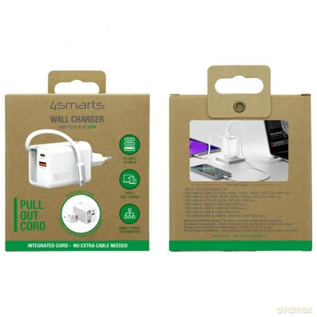 Ładowarka sieciowa Flex Jojo 65W GaN 2xUSB-C + USB-A Biała rozwijany wbudowany kabel