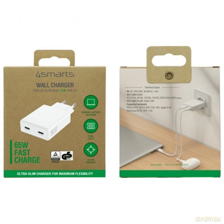 Ładowarka sieciowa PDPlug 65W GaN 2xUSB-C Biała