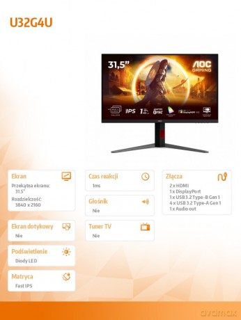 Monitor 31.5 cala U32G4U Fast IPS 4K 160Hz HDMIx2 DP