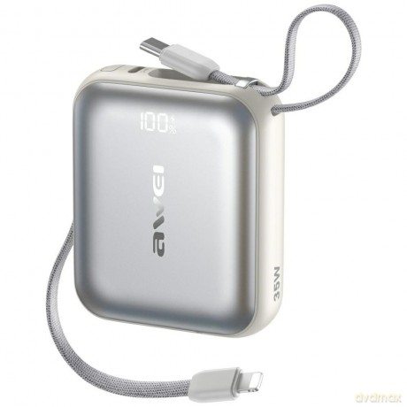 Powerbank AS-181 35W 10000mAh + kable Lightning i USB-C srebrny