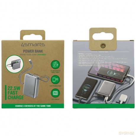 Powerbank Pocket Dual Cord 20000mAh 22,5W z wbudowanym kablem USB-C 15cm Szary