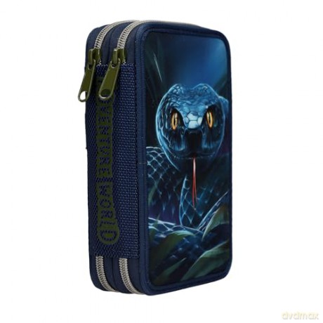 Dino World - Adventure World Double Pencil Case With Snake - Deep Blue