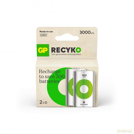 GP - ReCyko Rechargeable Battery, Size D, 3000 mAh, 1.2V (2-pack)