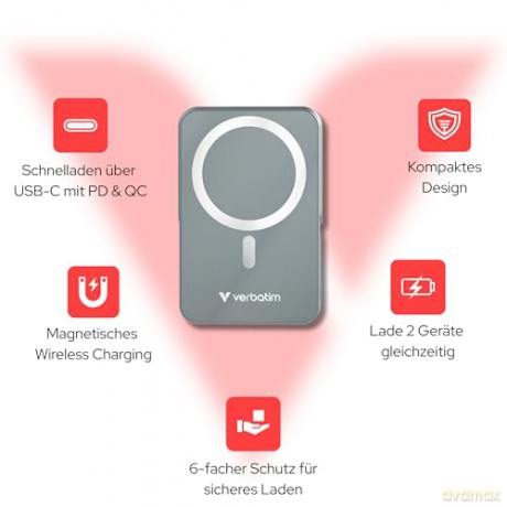 Verbatim - Charge 'n' Go Magnetic Wireless Power Bank with stand - 10000 mAh