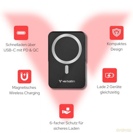 Verbatim - Charge 'n' Go Magnetic Wireless Power Bank with stand - 10000 mAh