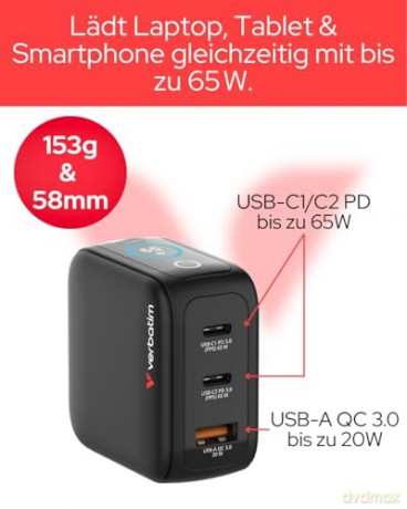 Verbatim - Mini GaN Charger 3-port 65W with Display
