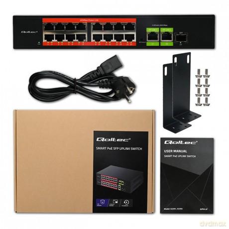Przełącznik sieciowy SWITCH FAST Ethernet PoE | 16x RJ45 10/100 Mb/s | 2x RJ45 Uplink 1000 Mb/s | 1x SFP 1000Mb/s