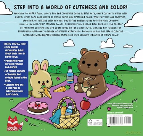 Happy Town Colouring and Sticker Fun (Happy Fox Books) 50+ Stickers and Colouring Pages of Cute City-Themed Scenes for Kids Ages 5-10 - Interactive Activity Book for Boys and Girls - Dani Banani [KSIĄŻKA]
